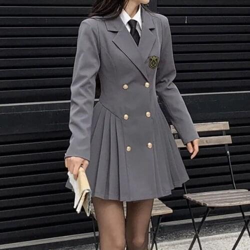 Women Autumn A-line Blazer Plaid Dress Female Harajuku Preppy Style Japanese JK Notched Vestidos Double Breasted Dress