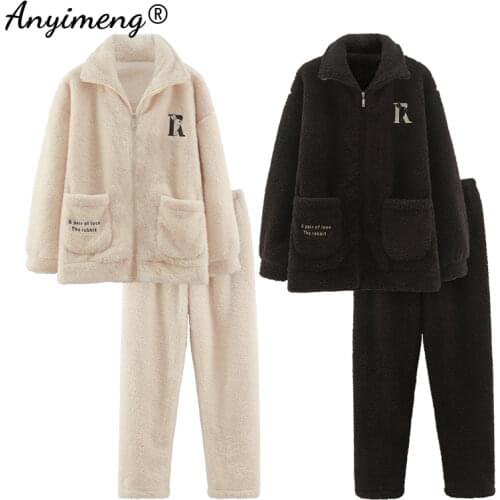 Winter Thick Pajamas Set for Couple High Neck Zipper Pijamas for Men Keep Warm Sleepwear for Women Ins Fashion Minimalist Pjs