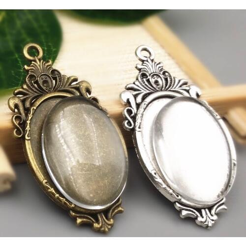 10 sets/lot two color filigree cameo cabochon 18*25mm base setting pendant tray + clear glass cabochons Wholesale 2016(A1006)