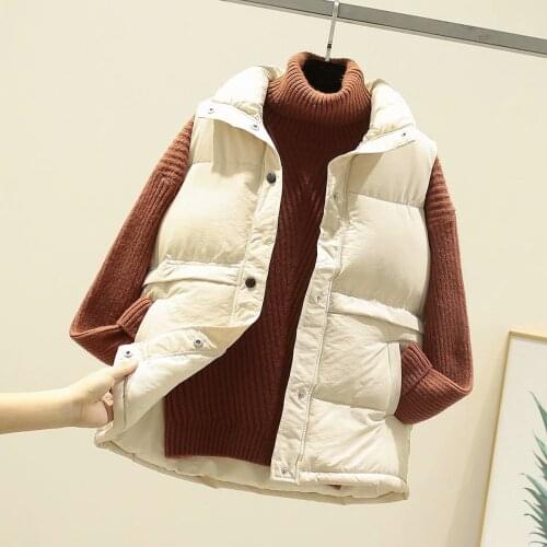 2021 Autumn Winter Women Solid Loose Vest Drawstring Stand Collar Long Vest Jacket Cotton Padded Women Windproof Warm Waistcoat