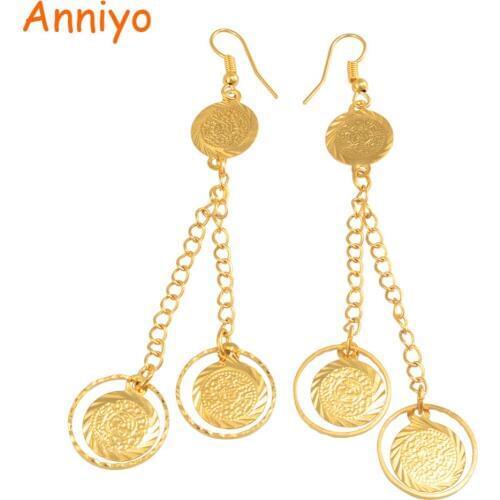 Anniyo Wholesale Coin Money Sign Gold Color Drop Earrings Ancient Coins Muslim Jewelry Women,Islamic Middle East #160606