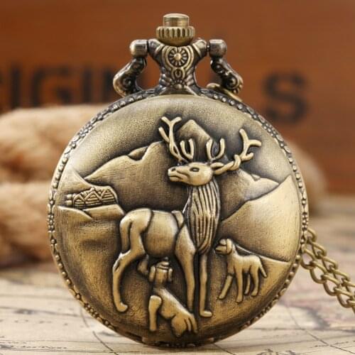 Carved Elk Deer Quartz Pocket Watch Digital White Round Dial Necklace Bronze Retro Pendant Clock Gifts for Men Women