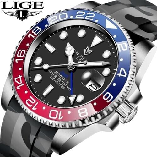 LIGE Design Brand Luxury Mechanical Watch Men Automatic Black Watches For Men Silicone Diving Business Sports Wrist Watch Reloj