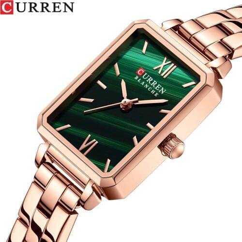 CURREN Women Quartz Watches Waterproof Elegant Wristwatch Stainless Steel Rectangular Ladies Clock Green Charm Relogio Feminino