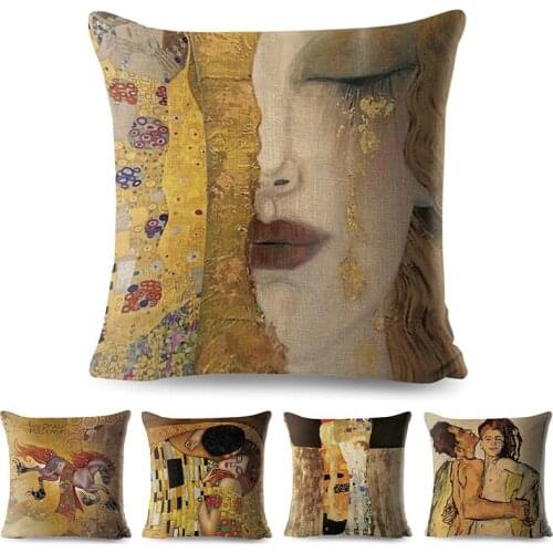 European Vintage Art Gustav Klimt Painting Cushion Cover Gold Pattern Print Pillow Cover Linen Throw Pillowcase Home Decoration