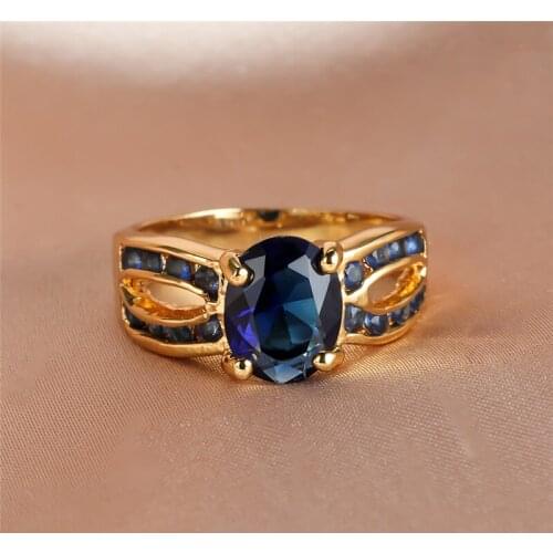 Classic 4 Prong Oval Stone Ring Blue Crystal Zircon Engagement Promise Rings For Women Wedding Jewelry Vintage Yellow Gold Ring