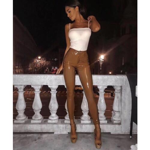 High Quality Celebrity Brown Red Black Leather Stretch Pants Sexy Fashion Leather Pant