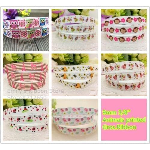Free shipping 10 yards 3/8'' (9mm) bee birds owl printed grosgrain Ribbon Animal ribbon tape DIY hairbow Bakery gift wrapping