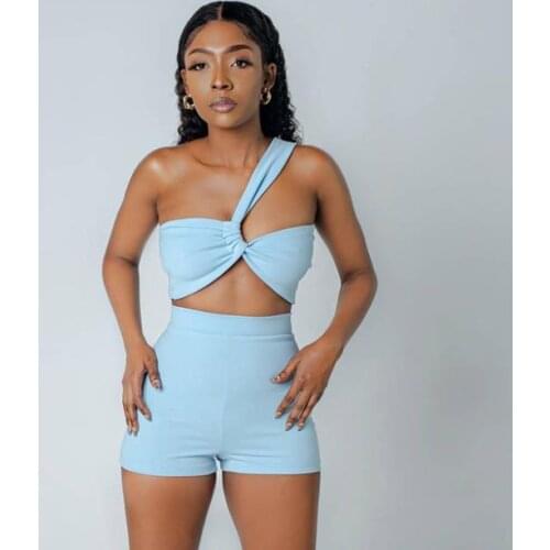 Summer Women’s Two Piece Set Solid Color One Shoulder Irregular Camisole Crop Top and Tight Shorts 2021 Ladies Clothes Set