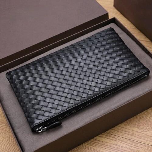 100% Cowhide Leather Mens Clutch Bag Luxury Brand Woven Leather Bag Fashion Design Simple Envelope Bag Large Capacity