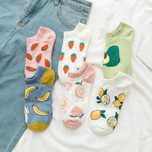 Cartoon Fruit Watermelon Lemon Strawberry Banana Avocado Boat Socks Cute Casual Women Short Cotton Fashion Street Ankle Socks