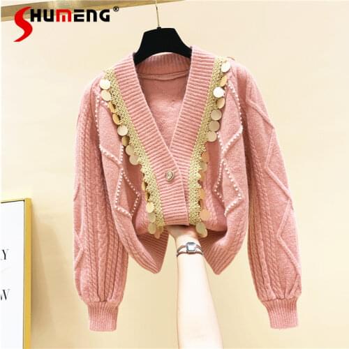 2021 Autumn and Winter New Lazy Style Beaded Sequins Rhombus V-neck Thickening Womens Sweaters Cardigan Coat