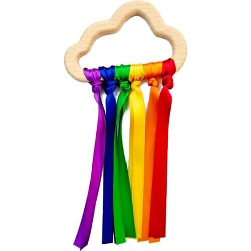 Rainbow Natural Wooden Ribbon Ring Waldorf Toys Baby Teether Newborn Sensory Toy 63HE