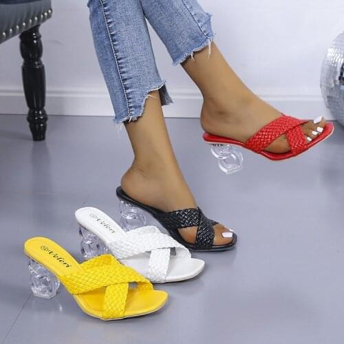 Womens Slippers 2021 New Summer Square Toe Cross-band Braided Open-toed Sandals Womens Slip-on Fashion Shoes