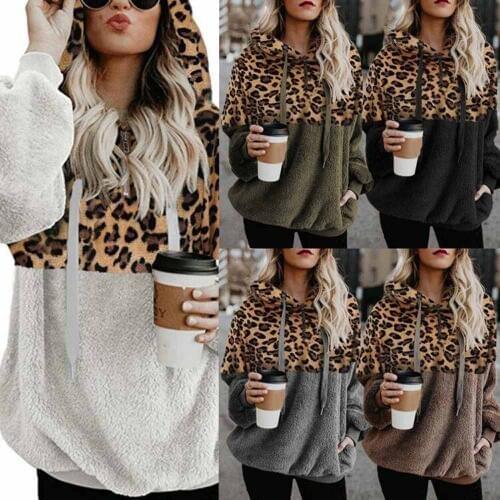 Leopard Printed Sweatshirts Womens Autumn Winter Thick Leopard Patchwork Pullover Hoodies Plush Fleece Hooded Coats Outwear