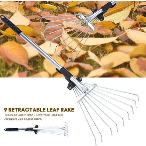 9 Teeth Telescopic Garden Leaf Rake Fan Broom Collect Loose Debris Gardening Tools Yards Lightweight Lawn Tool Grass Rake