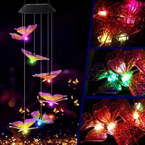 Colorful Butterfly Style Wind Chimes LED Solar Light Outdoor Waterproof Fairy Lamp Garden Garland Hanging Lights Xmas Decoration