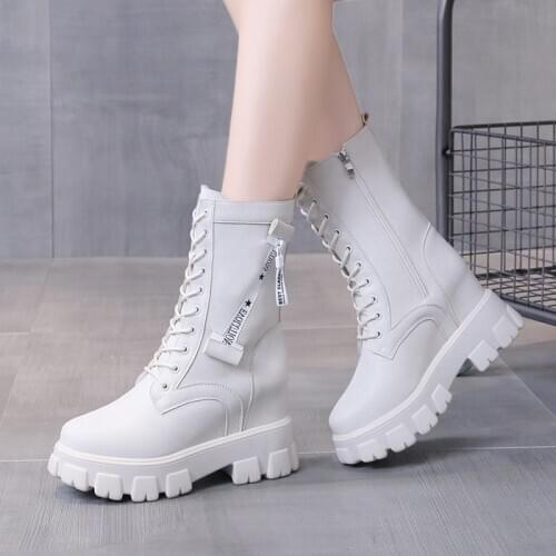 Dropshipping High Quality Fashion Zipper Lace Up Chunky Booties Womens Woman Height Increasing PU Leather Botas Platform Boots