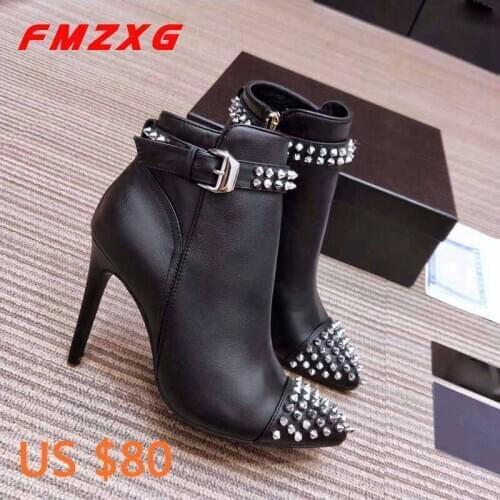 Women Heels High Boots Fashion Rivet High Quality Buckle Top Brand Motorcycle Ankle Boots Woman Booties Genuine Leather Boots