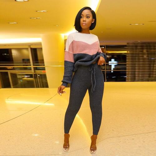 HAOOHU Color Patchwork Sweater Two Piece Set O Neck Long Sleeve Loose Pullover Top Pencil Pants 2019 Winter Women Casual Suits