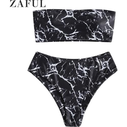 ZAFUL Sexy Swimwear Beach Suit Beach Wear Strapless Marble Print Bandeau Bikini Set Bathing Suit Padded Women Swimsuit