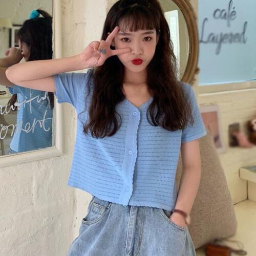 Women\s Fashion New V-neck Button Hollow Short Section Exposed Navel Knitted Short-sleeved Cardigan 2020