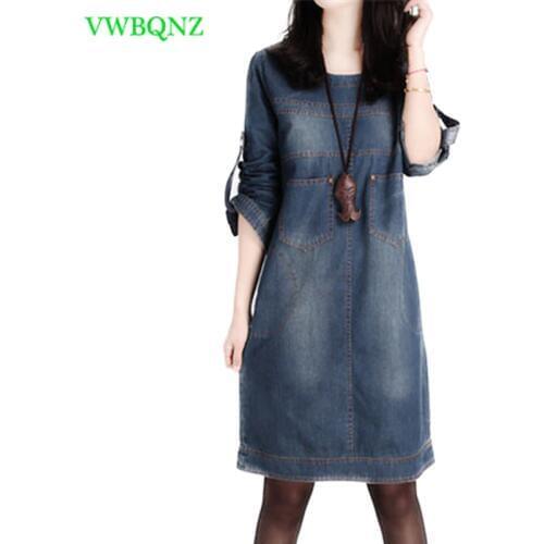Vintage Denim Dress Spring Korean Women Loose waist Plus size Dress Elegant Women Round neck A word Long sleeve Denim Dress A52