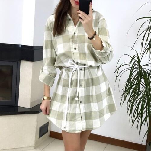 2021 Women Summer Dress Long Sleeve Sashes Button Plaid Print Shirt Neck Dresses Elegant Sexy Party Vestidos Mini Beach Dress