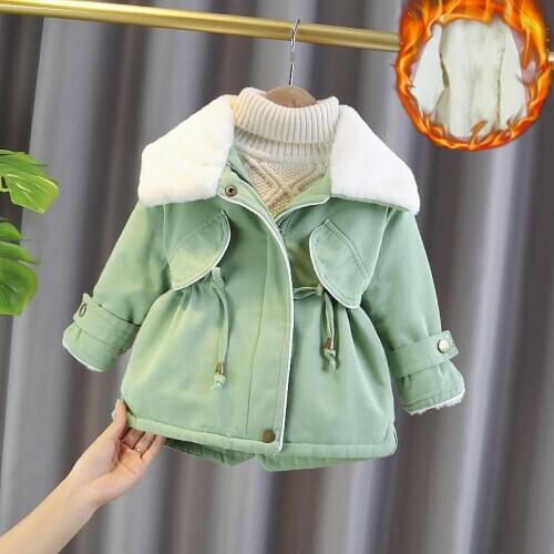 2-6 Years Old Kids Girls Winter Coat Faux Fur Collar Big Lapel Drawstring Fashion Children Snowsuit Windproof Girl Overcoat