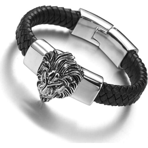 15MM Punk Style Mens Stainless Steel Silver Color/Gold Color Lion Head Charm Animal Black Leather Bracelet 8.66"