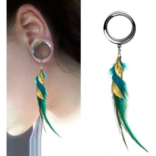 2pcs Ear Piercing Earrings Ear Plugs Tunnels Surgical Steel Ear Expansions Ear Reamer Ear Dilations Feather Dangle Body Jewelry
