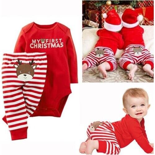 2018 Christmas Newborn Baby Boys Girls Christmas Cartoon Letter Red Stripe Romper Long Sleeve Romper Pants 2PCS Winter Kid Suits