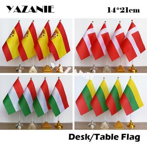 YAZANIE 14*21cm 4PCS Spain Spanish Denmark Desk Flag Hungary Table Flag Lithuania Country Office Sign Flag with Plastic Base