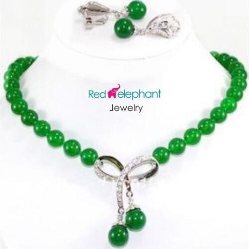 Free shopping! Beautiful green jades bead necklace pendant earrings sets