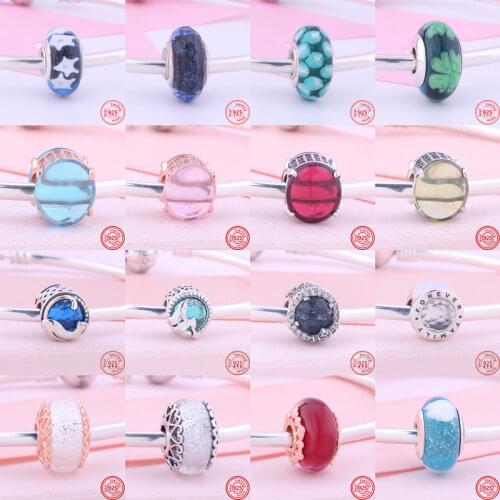 Colorful Murano Glass Bead Flower Heart Bubble Leaves Charm Fit Original Pandora Bracelet 100% 925 Sterling Silver Women Jewelry