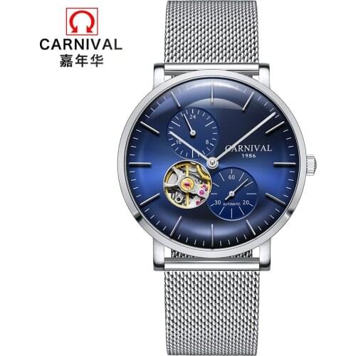 CARNIVAL New Tourbillon Automatic Watch Men Small Second Dial Mens Business Mechanical Watches Mesh Strap 24hours Display Clock