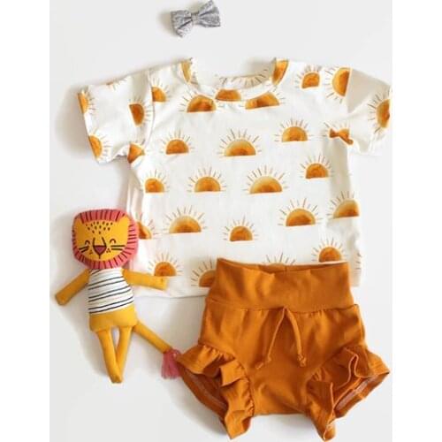 FOCUSNORM 0-24M Summer Lovely Baby Girls Clothes Sets Sun Print Short Sleeve T Shirts Ruffles Solid Shorts 2pcs