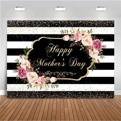 Happy Mothers Day Background Golden Rose Flowers Backdrop for Photography Black and White Stripe Backdrop for Photo