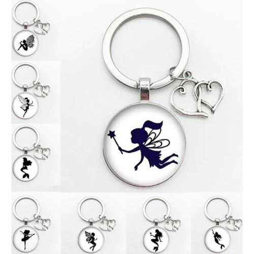 Hot Handmade Angel Girl Key Ring Mermaid Glass Picture Pendant Key Ring DIY Car Bag Chain Buckle Ring Ring Stand Key Ring Souven