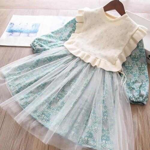 Baby girl sets wholesale girls floral print dress and lace knitted vest 2pcs suits wholesale