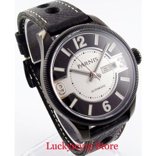 PARNIS Brand PVD 42mm Mens Watch Week Auto Date Window Self Winding Movement Leather Strap