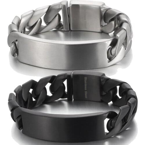 7.87inch High Quality Mens Bracelet Silver/Black Color Stainless Steel Cuban Link ID Bracelet 17mm Width Heavy Mens Bracelet