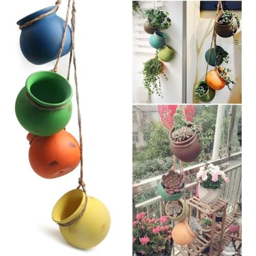 4Pcs Hanging Desert Color Ceramic Pots Kit Wall Ceiling Mount Mini Bonsai Planters Vase Garden Decor