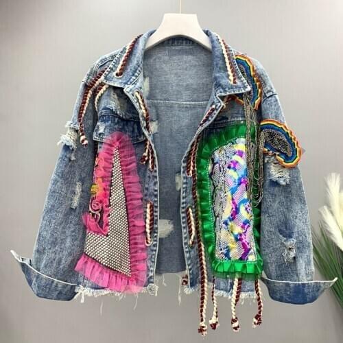 2020 New Autumn Women Denim Jacket Hand-studded Hot Drilling Tassel Jeans Jacket Casual Female Outerwear Student Basic Coat P932