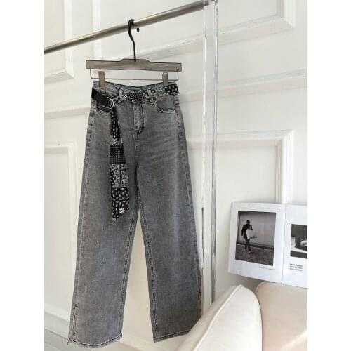 New women fashion 2021 loose silk scarf belt wide leg jeans 0401