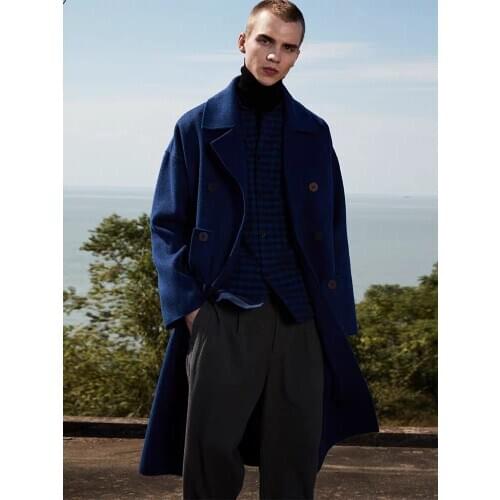 Solid Blue England Style Custom Woolen Overcoat Mens Loose Double Breasted Warm Mid-Length Trench Coat Male Thick Jacket