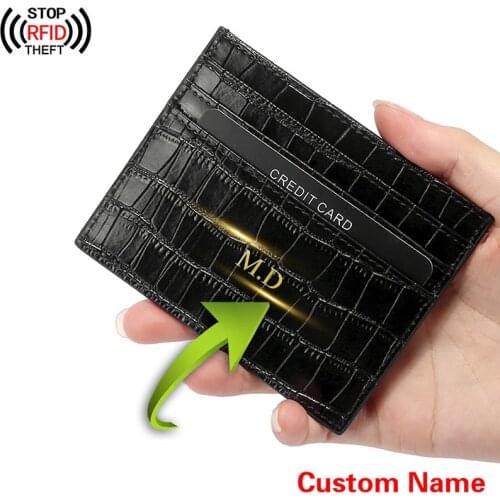 Custom Name Card Holder Genuine Leather Wallet Men Women Slim Anti Crocodile Pattern Rfid Travel ID Credit Card Wallets Gift