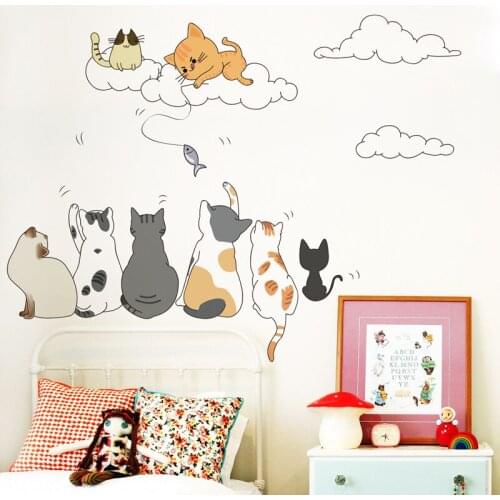 [SHIJUEHEZI] Cartoon Cats Wall Sticker DIY Animals Clouds Mural Decals for Kids Rooms Baby Bedroom Children Home Decoration