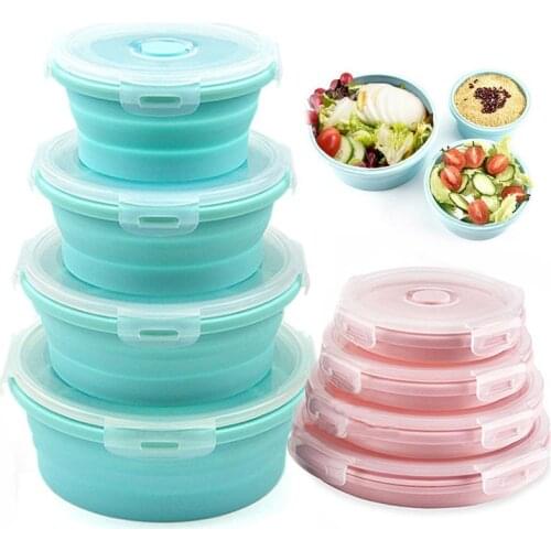 Silicone Lunch Box Food Storage Box Container Foldable Storage Round Portable Microwave Heating Bowl Environmental Protection