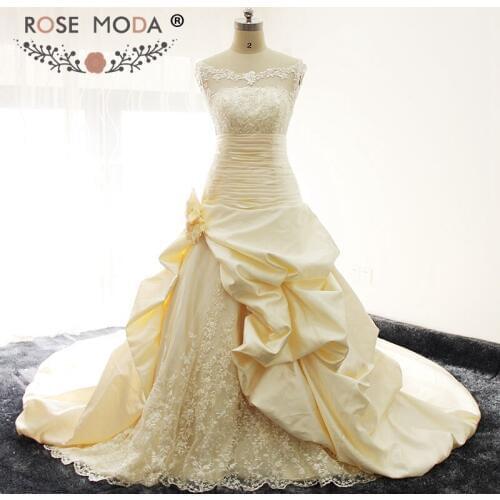 Rose Moda Bateau Neck Sleeveless Champagne Wedding Dress Semi Cathedral Train Real Photos
